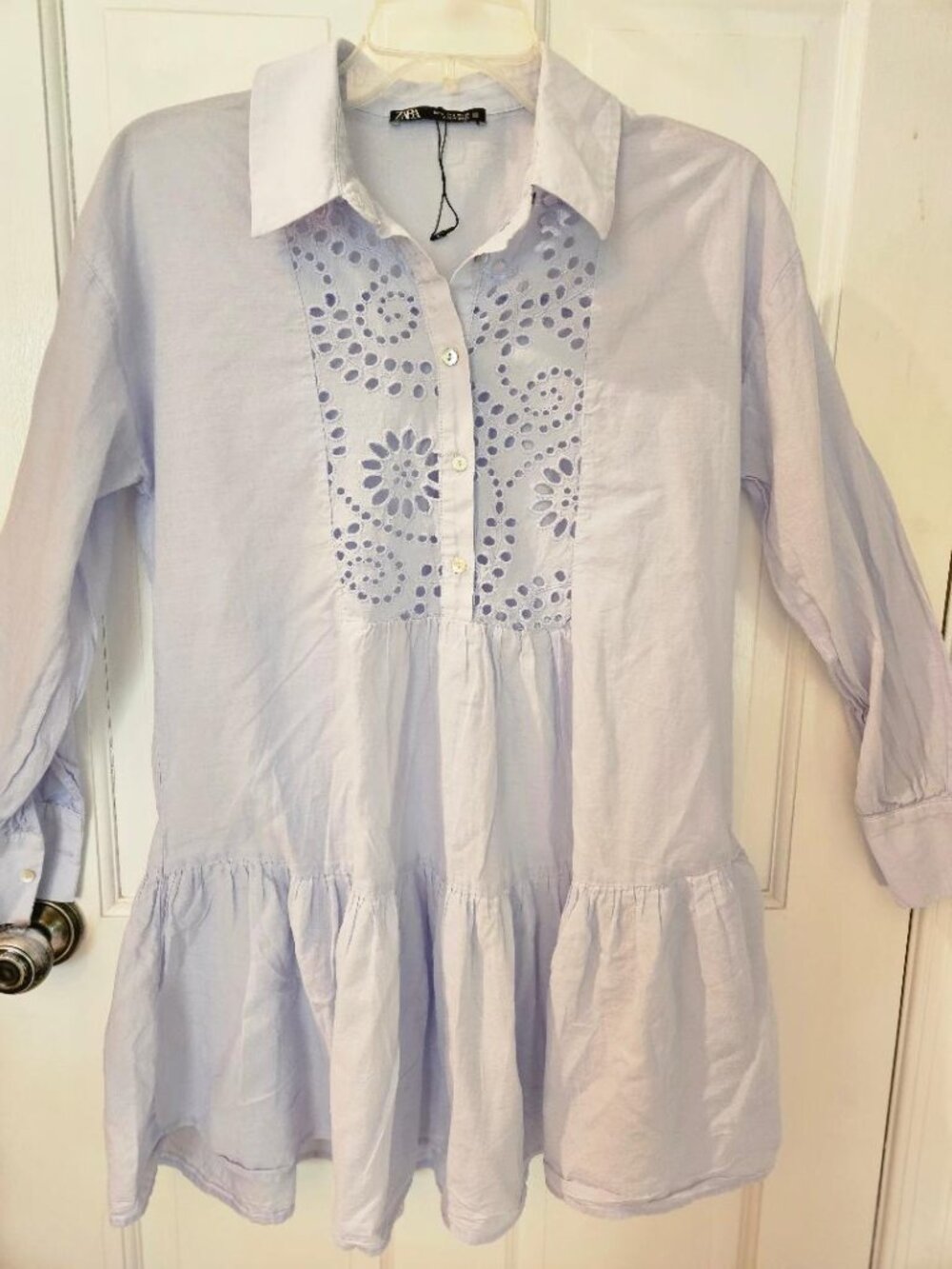 ZARA button down mini shirt/dress, embroidery across front, light blue,  Small